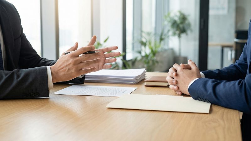 Two professionals in discussion across a meeting table, representing Employment Advice for Businesses at KMT Solicitors