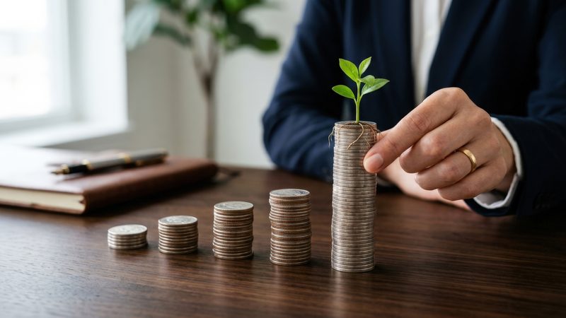 Hand placing a seedling on stacked coins, representing Funding Arrangements and Structuring at KMT Solicitors