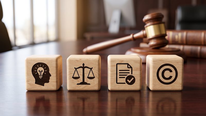 Wooden blocks with idea, scales, document and copyright symbols beside a gavel, representing Intellectual Property and Technology at KMT Solicitors