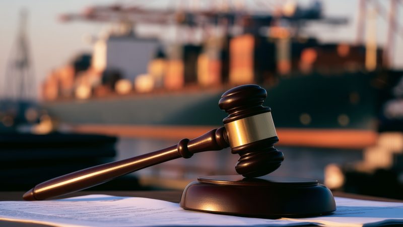 Gavel in front of a container ship at a port, representing Commercial and Contract Disputes at KMT Solicitors