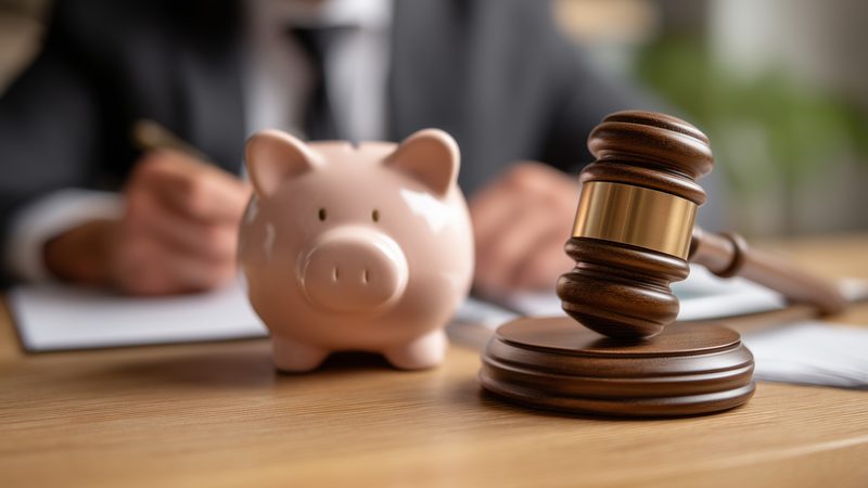Piggy bank and gavel on a desk while a person writes, representing Debt Recovery at KMT Solicitors