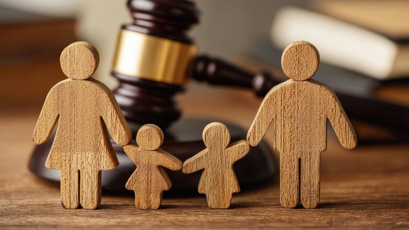 Wooden family figures holding hands in front of a gavel, representing Divorce and Family Disputes at KMT Solicitors