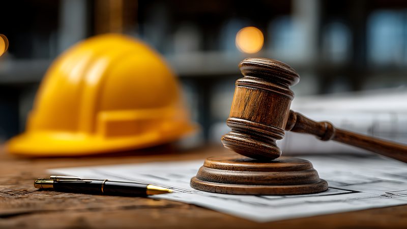 Yellow hard hat, gavel and plans on a desk, representing Property and Construction Disputes at KMT Solicitors