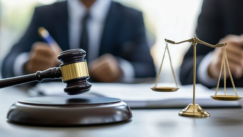 Gavel and balance scales with professionals in the background, representing Shareholder and Partnership Disputes at KMT Solicitors
