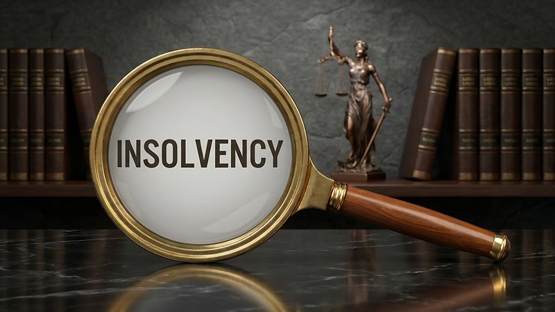 Magnifying glass showing the word insolvency, with law books and a statue of Justice, representing Insolvency Disputes at KMT Solicitors