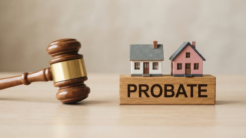 Gavel and model houses on a wooden block reading probate, representing Probate and Estate Administration at KMT Solicitors