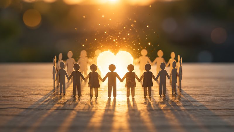 Paper figures holding hands in a circle around a glowing heart, representing Trusts and Charities at KMT Solicitors