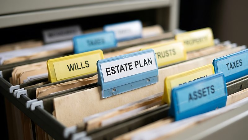 Filing drawer with folders labelled wills, estate plan, trusts, assets and taxes, representing Wills and Estate Planning at KMT Solicitors