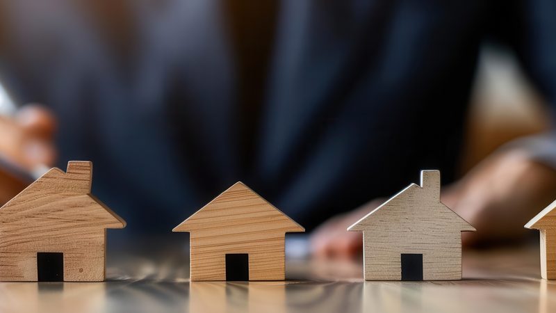 Row of small wooden houses on a desk, representing Lease Extensions and Enfranchisement at KMT Solicitors
