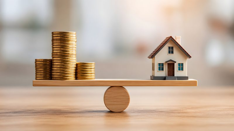 Coins and a model house balanced on a seesaw, representing Property Finance at KMT Solicitors