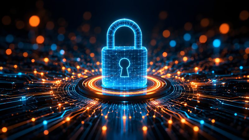 Digital padlock on a glowing circuit background, representing Data Protection and Privacy at KMT Solicitors
