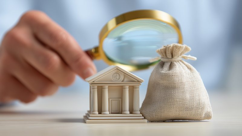 Magnifying glass over a model bank building and a money bag, representing Financial Services Compliance at KMT Solicitors