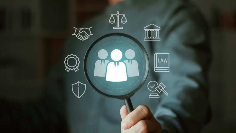 Magnifying glass over icons of people and legal symbols, representing Workplace Investigations at KMT Solicitors